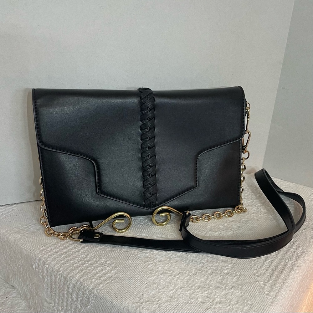 Elegant Black Faux Leather Chain Crossbody Bag‎